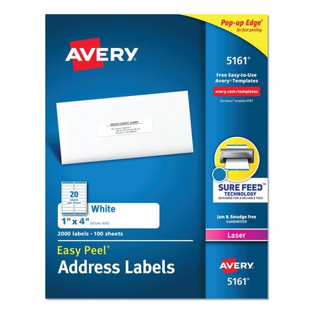 AVERY Easy Peel White Address Label w/Sure Feed, Laser Printers, 1x4, PK2000 05161